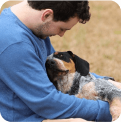 A dog resting its head on one of our Miami team members at Doggies Gone Wild, showing a moment of trust and affection.